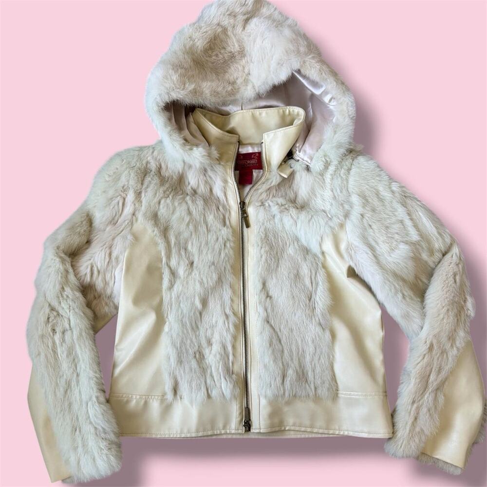 Y2K Paris Blues cream faux leather jacket with rabbit fur, size L